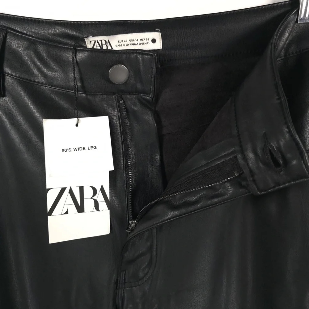 ZARA New Black Faux Leather 90’s Wide Leg Pants Size 14 High Waist‎ 2969/245/800